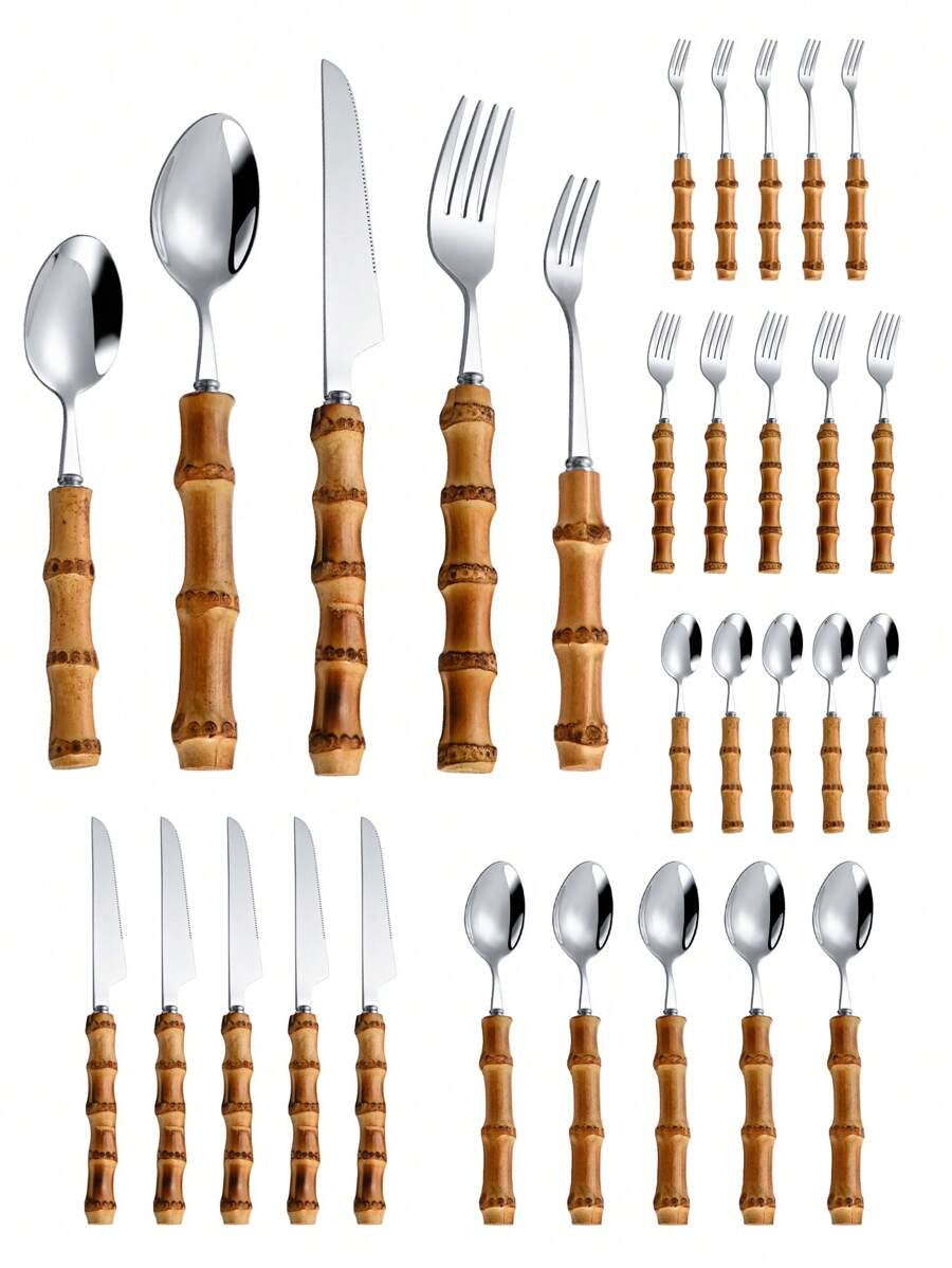 Bamboo Cutlery Set - 30-delige bestekset van roestvrij staal met